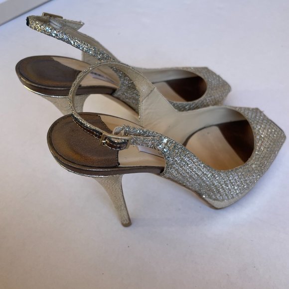 Jimmy Choo Clue Slingback Pumps Sz 39 Glitter Fabric Stiletto Heels Peep Toe - Picture 6 of 9
